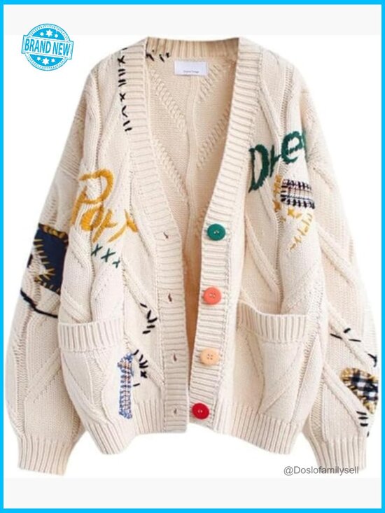 Sweaters - Embroidered Heart Cardigan Sweater Button Down Knitted Y2K Graphic with Pockets